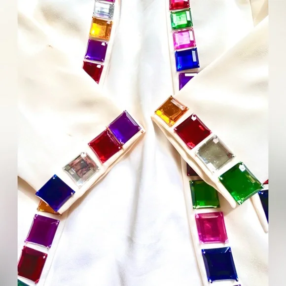 Vtg 80s NiteLine White Dress & Blazer 2 Pc Set Candyland Jewels Colorful Sz 8